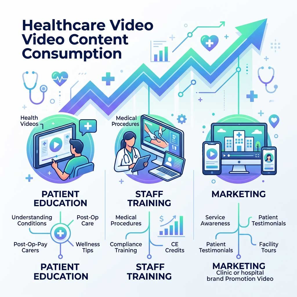 Infographics showing the growth of healthcare video content consumption, with icons for patient education, staff training, and marketing.
