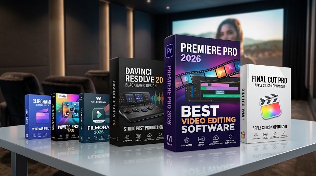 Best video editing software 2026 product boxes including Premiere Pro, DaVinci Resolve, Final Cut Pro, and Filmora arranged on a studio desk.
