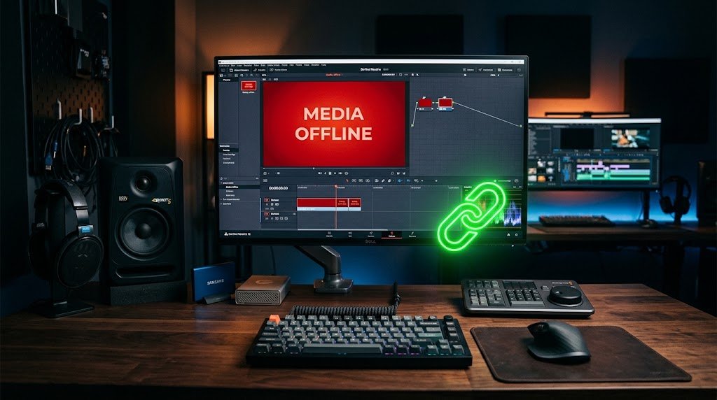 How to Fix “Media Offline” in DaVinci Resolve (6 Proven Methods) DaVinci Resolve monitor showing red Media Offline screen with green relink icon.