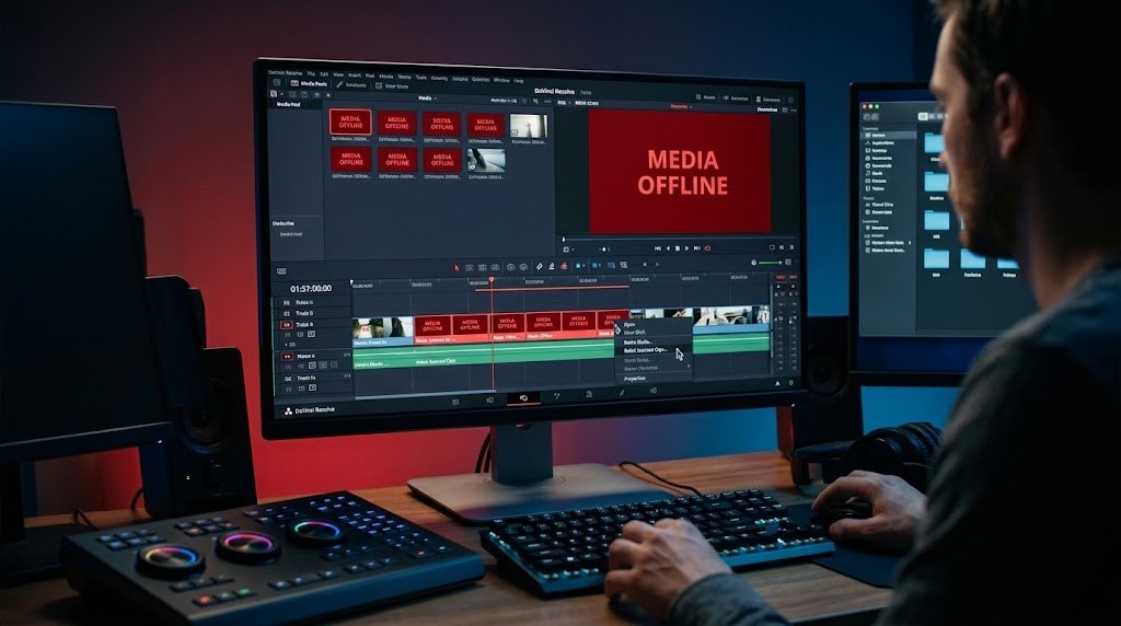 How to Fix “Media Offline” in DaVinci Resolve (6 Proven Methods) 4 An editor sitting at a dark workstation troubleshooting the "Media Offline" error in DaVinci Resolve, with red offline warning screens and red timeline clips on the main monitor, while a hand right-clicks to open a "Relink Media" menu to restore the disconnected video files.