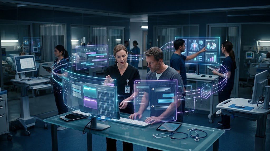 Healthcare professionals collaborate at a high-tech workstation, interacting with glowing, multi-layered transparent digital interfaces representing automated medical workflows, data processing, patient scheduling, and AI analytics in a modern clinic.
