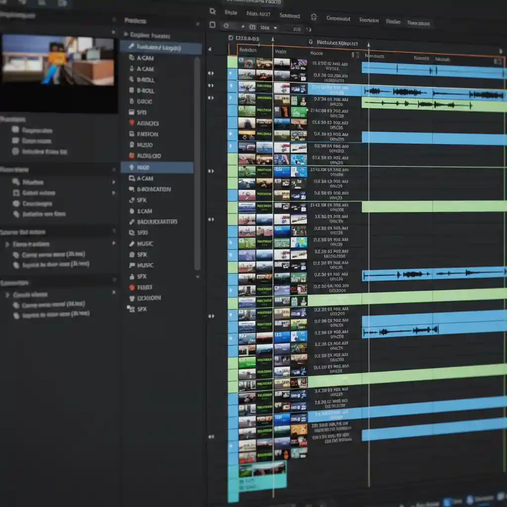 Video editing interface with organized media clips and multiple audio and video tracks.